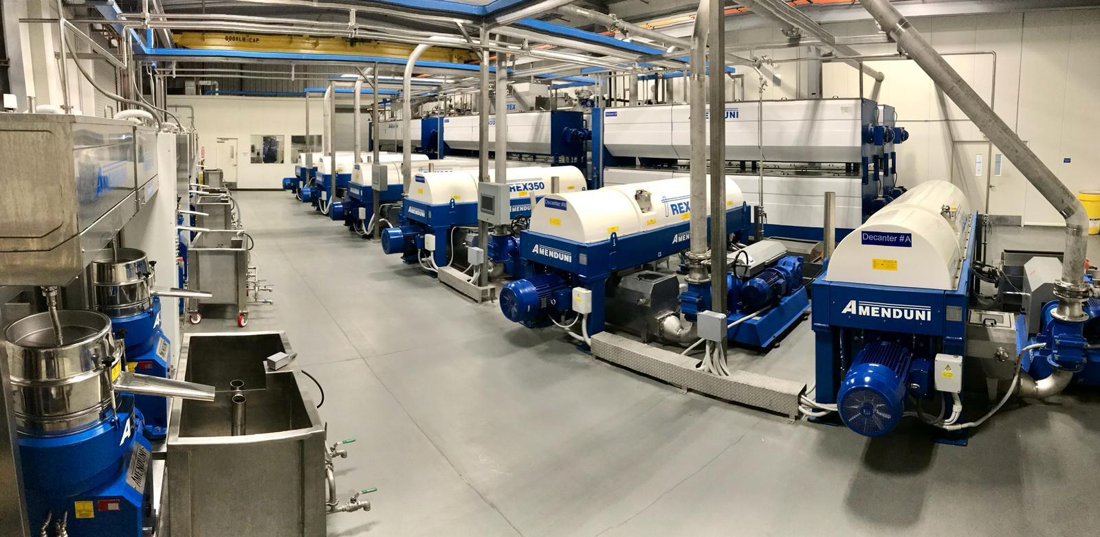 Inside a modern olive oil mill: a row of blue and white Amenduni decanter centrifuges along a hall, with stainless steel piping overhead and vertical separators in the foreground