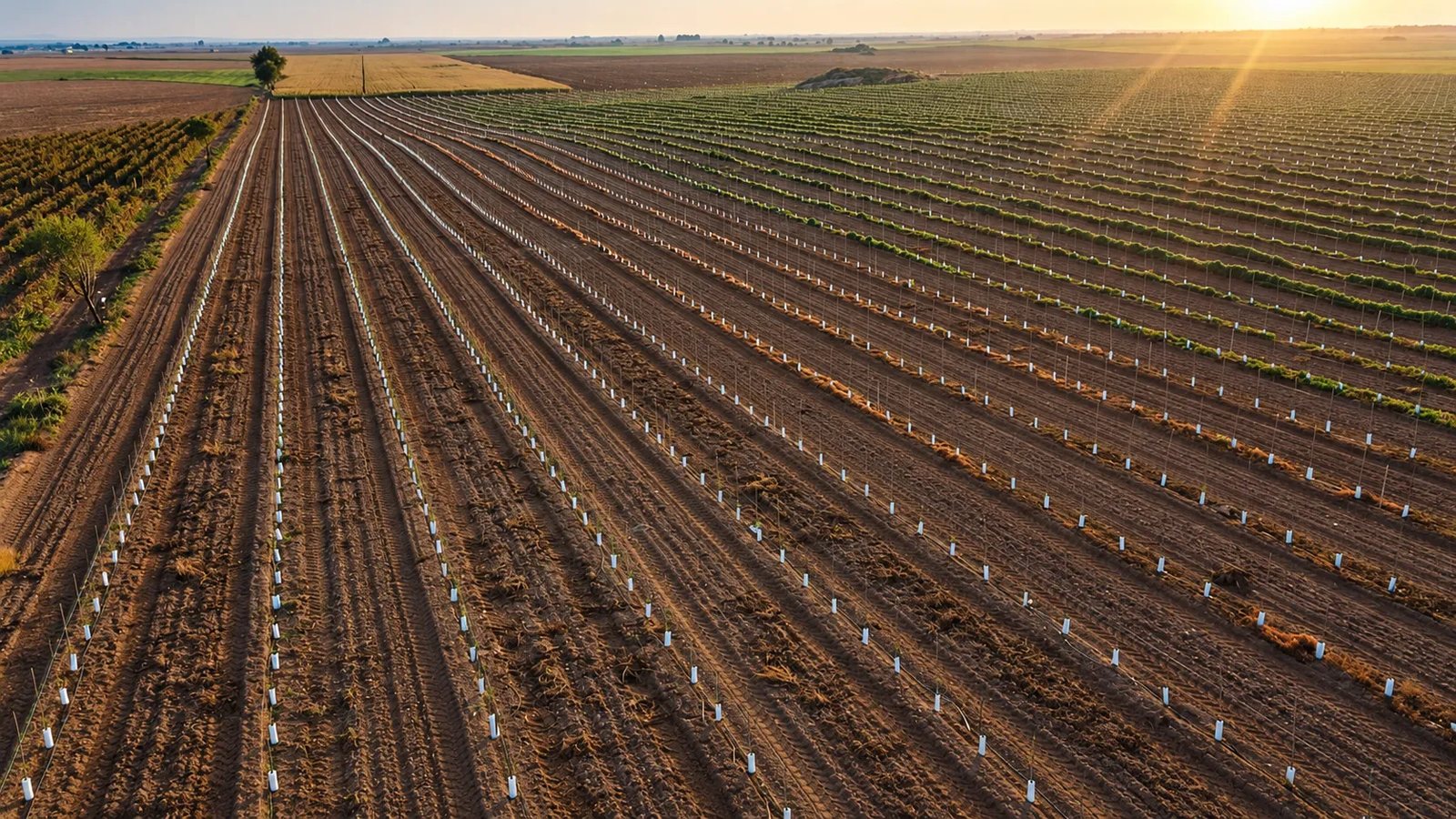 Aerial view of a newly planted olive grove at sunset: long straight rows of young trees in white protective tubes along drip irrigation lines, on bare ploughed ground